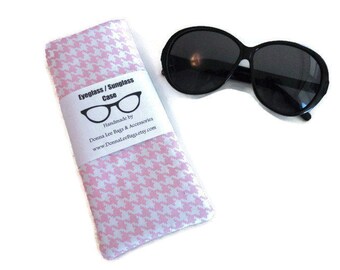 Soft Padded Fabric Eyeglass or Sunglass Case/Pouch, Gift For Her, Pink Houndstooth