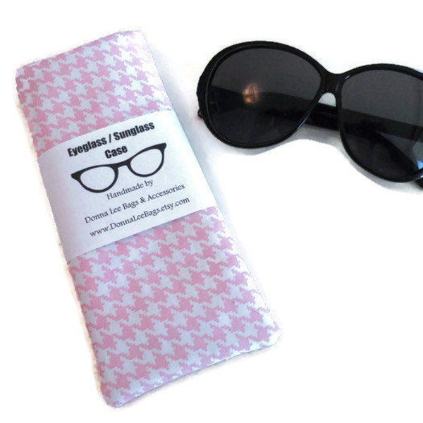 Soft Padded Fabric Eyeglass or Sunglass Case/Pouch, Gift For Her, Pink Houndstooth