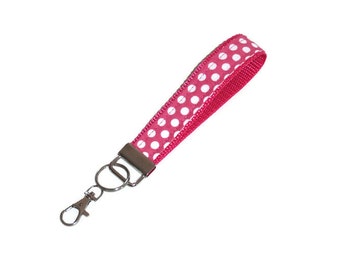 Gift for Her,  Swivel Key Fob, Wristlet, Key Chain Holder, Pink Polka Dot