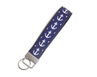 Gift for Men or Women, Navy Blue Key Fob Wristlet, Nautical Anchor Key Holder, Fabric Key Chain