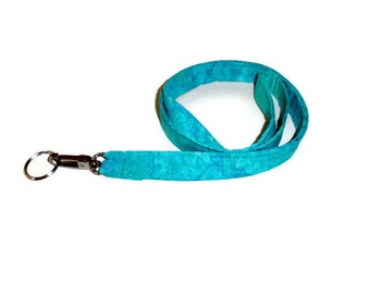 Turquoise Batik Fabric Lanyard, Key Chain and ID Badge Holder, Beach Gift For Women