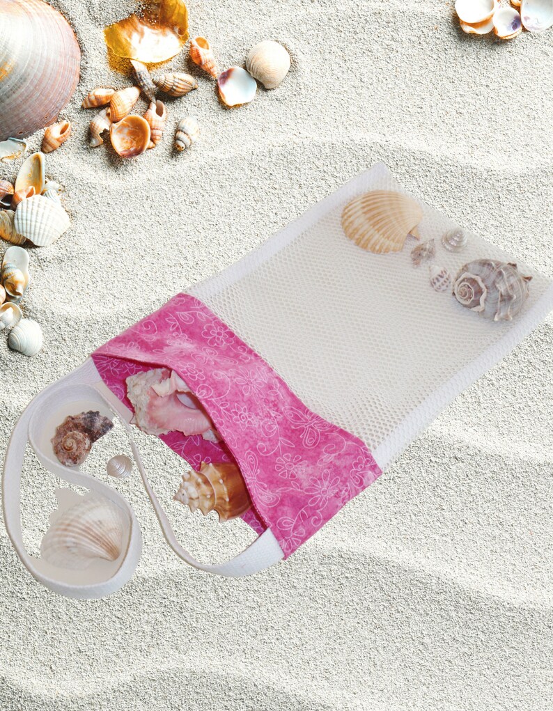 Novelty Gift For Girls, Cross Body Tote Bag, Pink Butterfly Beach Combing, Seashell Collecting Mesh Bag image 1