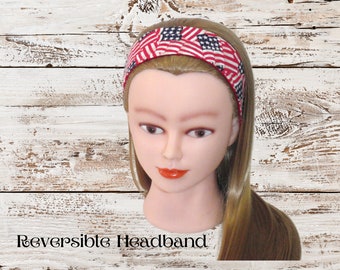 USA Reversible Wide Headbands, Red White and Blue, Patriotic 4th of July Hair Accessories, Gift for Women and Girls One Size