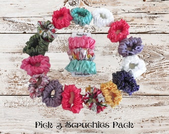 Handmade Fabric Ponytail Scrunchy, Beach Hair & Messy Bun Scrunchies 3-Pack, 90's Fashion, Gift For Her