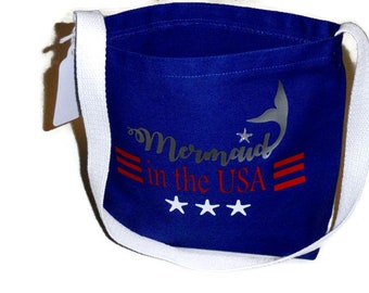 Mermaid in The USA, Patriotic, Canvas Tote Bag, Girls Crossbody Shoulder Bag, Red White And Blue, Gift For Girls and Tweens By DonnaLeeBags