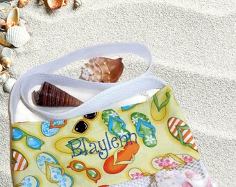 Personalized Cross Body Beach Tote Bag With Custom Embroidered Name, Mesh Flip Flop Seashell Collecting Bag, Gift For Her