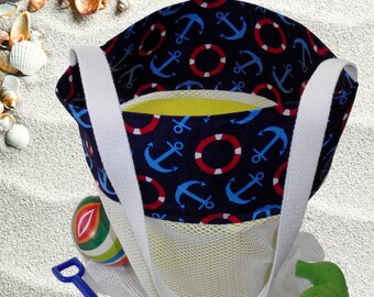 Mesh Tote Cross Body Bag, Beach Bag For Kids Toys, Vacation Gifts For Boys and Girls, Made with Cotton Nautical Print Fabric By DonnaLeeBags