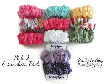 Multi Color Fabric Ponytail Hair Ties, Messy Beach Bun Scrunchies, 2-Pack 90's Fashion, Gift For Her