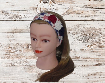 Girls Patriotic Star Headband, 4th of July, Red White and Blue, Wide USA Headband with Rosette Flowers, Hair Accessories, Gift For Girls