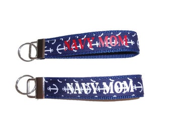 Navy Mom Key Fob Gift, Nautical Anchor Key Holder, Optional Swivel Hook, Navy Blue Fabric Key Chain With Vinyl Lettering