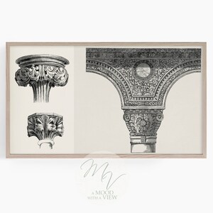 May include: A black and white illustration of architectural details, featuring three different views of a column capital with intricate carvings. The capital is shown from the top, side, and bottom.