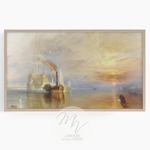 May include: A painting depicting a ship sailing towards a golden sunset. The ship is in the foreground, with the sun setting in the background. The sky is a blend of orange, pink, and purple.