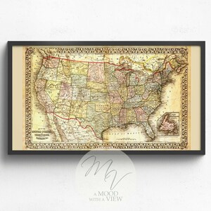 May include: An antique map of the United States, showing the states and territories as they existed in the 19th century. The map is printed in brown, red, and green ink on a cream-colored background. The map is framed in a black frame.