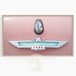 Könnte beinhalten: Nahaufnahme eines rosafarbenen Oldtimer-Ford Thunderbird mit einem Chrom-Emblem, auf dem "Thunderbird FORD" in Grün und Weiß steht.