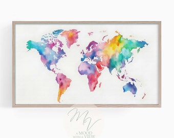 Samsung Frame TV Art, Aquarelle World Map Art, TV Accent Wall Art, Fond d’écran numérique, Smart TV 4k Art, Téléchargement instantané haute résolution