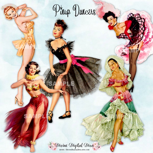 12 Pinup Dancers Retro Vintage Ladies Ballet Hula Cancan Ballroom Dancing | Clipart Images Instant Download