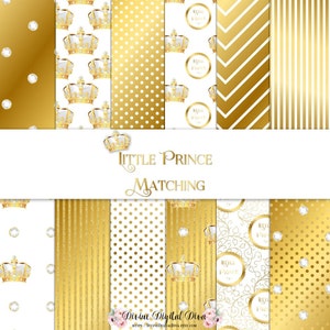 Little Prince White & Gold Crowns Diamonds Stripe Dots | Baby Boy Christening Baptism | Digital Scrap Paper Pack | Instant Download