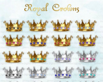 Royal Crowns w/ Gems | Gold Silver | Clipart Digital Instant Download