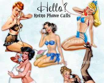 Hello? 12 Pinup Girls Retro Phone Calls Telephone Vintage Ladies Women | Clipart Images Instant Download