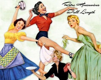 Retro Housewives Full Length 1950s Vintage Mid Century Modern Women | Clipart Instant Download