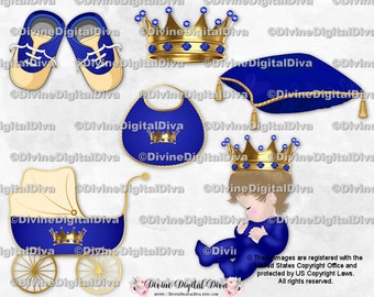 Sleeping Prince White Pajamas Gold Crown Royal Blue Gems Clipart Instant Download Baby Boy 3 Skin Tones