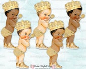 Little Prince Gold Diaper Crown Microphone Necklace Sneakers Vintage Baby Boy 3 Skin Tones Clipart Instant Download