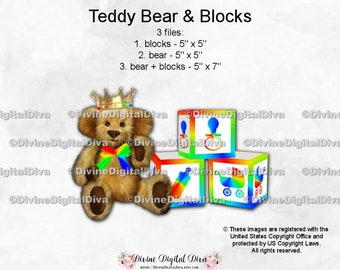 Clipart Instant Download Brown Fur Teddy Bear Bow Gold Crown Baby Blocks Primary Rainbow Colors