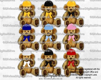 Clipart Instant Download Brown Fur Teddy Bear Bow Gold Crown Baby Blocks Primary Rainbow Colors