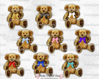 Clipart Instant Download Brown Fur Teddy Bear Bow Gold Crown Baby Blocks Primary Rainbow Colors