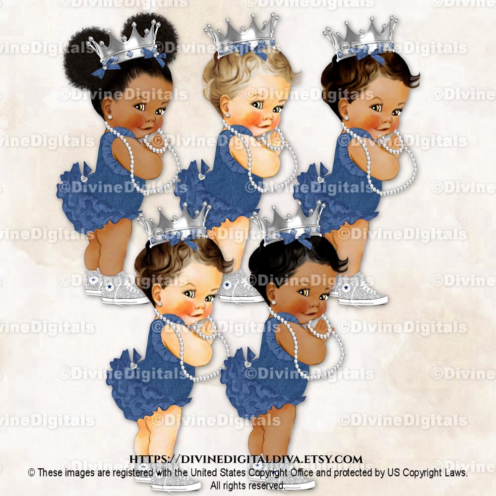 Princess Ruffle Pants Blue Denim & Diamonds Silver Crown Shirt Sneakers | Baby Girl 3 Skin Tones | Clipart Instant Download