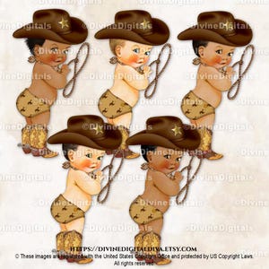 Kleine cowboyhoed bruin laarzen sjaal lasso bucking bronco luier | Babyjongen 3 huidskleuren | Clipart direct downloaden