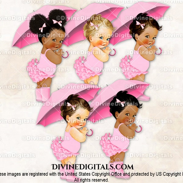 Princess Ruffle Pants Shower Rain Boots & Umbrella Pink | Baby Girl 3 Skin Tones | Clipart  Instant Download