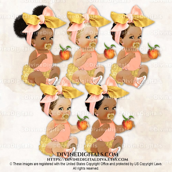 Princess Ruffle Pants Holding Peach Gold Big Head Bow Pacifier Sneakers | Sitting Baby Girl 3 Skin Tones | Clipart Instant Download