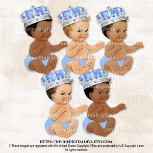 Kleine koninklijke prins Lichtblauwe zilveren sierlijke kroon | Zittend jongetje 3 huidskleuren | Clipart direct downloaden