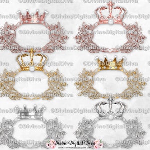 Marcos de corona real en oro blanco, plata y oro rosa / Marcos decorativos con monogramas / Descarga digital instantánea PNG