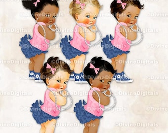 Denim & Diamanten Roze Shirt Sneakers Parels Baby Meisje Clipart