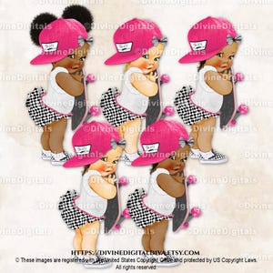 Skater Skateboard Pink Black White Check Hat Sneakers | Baby Girl 3 Skin Tones | Clipart Instant Download