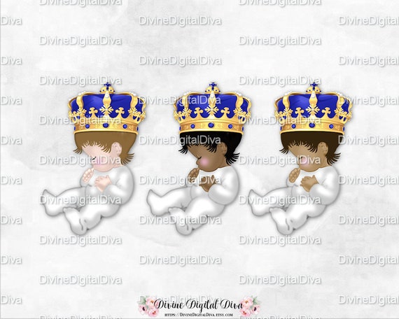 Sleeping Prince White Pajamas Gold Crown Royal Blue Gems Clipart Instant Download Baby Boy 3 Skin Tones