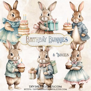Aquarell Geburtstag Häschen Kaninchen Halten Kuchen Präsent Blumen Junge Mädchen Vintage Stil Niedlich | Kommerzielle Nutzung Digital Clipart Sofortiger Download