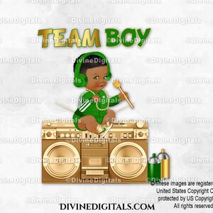 Team Boy Smaragdgrün Gold für T Shirts und mehr DJ Mic | Baby Junge dunkle Ton Zöpfe | Afroamerikaner | Geschlecht offenbaren | Sofort Download