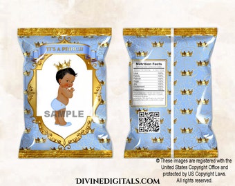 Printable Chip Bags Little Prince Light Blue & Gold | Baby Boy Dark Tone African American Ethnic | Digital Instant Download