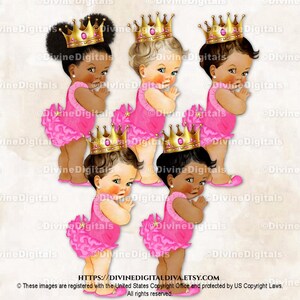 Pantalon princesse à volants Chemise rose vif Pantoufles couronne dorées | 3 tons de peau de bébé fille | Clipart à téléchargement immédiat