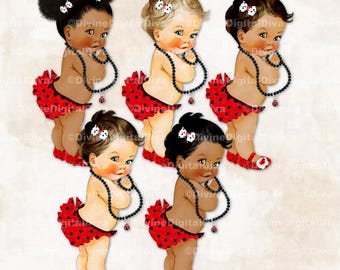 Clipart Coccinelle, pois rouge noir, perles, bébé fille