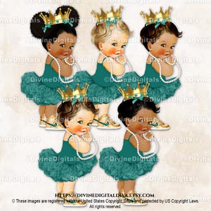 Princess Ballerina - Baskets tutu bleu sarcelle, perles dorées | 3 tons de peau de bébé fille | Clipart à téléchargement immédiat