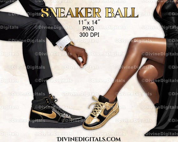 Sneaker Ball Legs Black Gold Tux Gown Man & Woman DARK Skin Tone Clipart