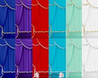 12 Curtains Drapes Gold & Silver Trim Royal Blue Red Purple Turquoise Backdrop | Digital Images Clipart Instant Download