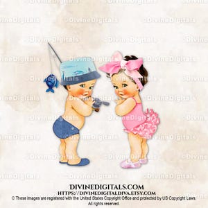 Bobbers or Bows canne à pêche avec chapeau bleu de pêcheur, grand arc rose | Ton clair bébé garçon fille | Sexe révélateur des jumeaux | Clipart à téléchargement immédiat