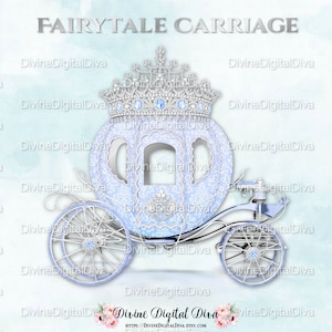 青い王子様とシンデレラ姫の馬車 | ライトブルーのシルバーダイヤモンドの王冠のティアラ | クリップアートの即時ダウンロード