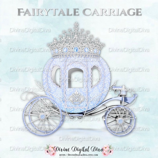 Blue Prince Princess Cinderella Carriage Coach | Light Blue Silver Diamond Crown Tiara | Clipart Instant Download
