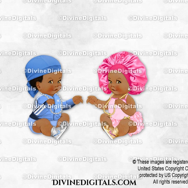 Durags or Bonnets? Blue Silver Pink Gold | Sitting Baby Boy Girl Dark Tone | Clipart Instant Download